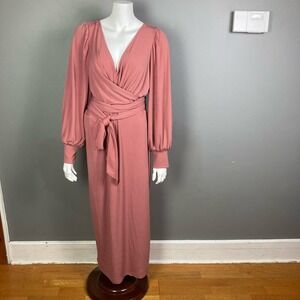 Eloquii Maxi dress size 16 dusty rose pink Knot Front Pleated Skirt Long Sleeve